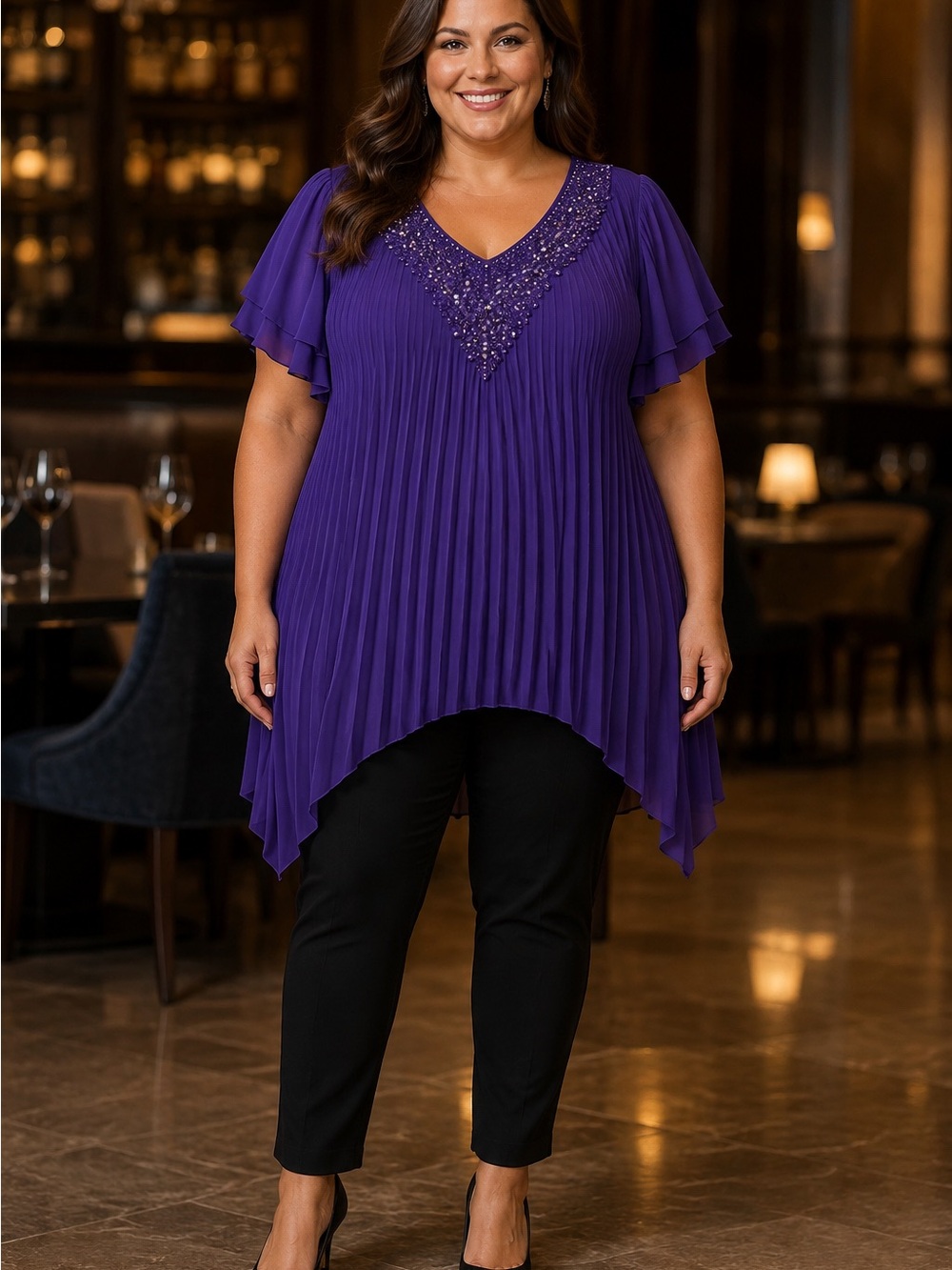 Catherines 1X Jeweled Ruched V-Neck Purple Bell Sleeve Tunic Top NWT